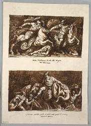 Page de carnet de croquis : Mort de Flaminius dans la bataille de Trasimène ; Annabelle perd un œil dans les marais de Fiano, Toscane