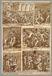 Page de carnet de croquis : Six scènes ; Verso : Cinq études de têtes de chevaux ; Tête de lion