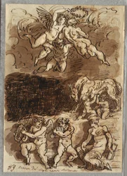 Trois putti avec guirlande; Romulus et Rémus allaités par la louve; Deux putti jouant des cymbales