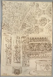 Deux études décoratives de plafonds; Verso: Études de têtes