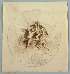 Deux putti volants avec des armes