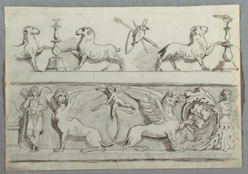 Deux frises avec béliers, candélabres, trophées et putti