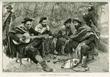 Un payador, duel en vers de chanteurs ambulants. Gravure par Myrbach, pour illustrer l