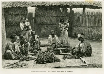 Indigènes fabriquant du tabac. Gravure par Myrbach pour illustrer l