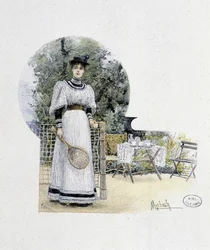 Jeune femme sur un court de tennis - gravure, fin du 19e siècle