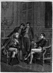Jean-Jacques Régis de Cambacérès (1753-1824) exposant à Bonaparte, alors Premier consul, et à ses frères Joseph et Lucien, son ingénieuse combinaison pour le faire nommer Bonaparte consul à vie, vers 1804 - (Cambacérès propose la nomination de Bonaparte