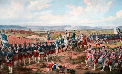 La bataille de Fontenoy. Les Français et les Alliés face à face (lithographie couleur)