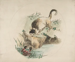 Décoration pour une assiette : Un chat chassant un crabe, 1850-1914