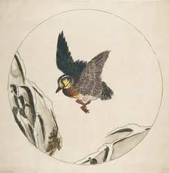 Décoration pour une assiette : Un canard volant au-dessus de branches enneigées, 1850-1914
