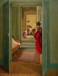 Intérieur avec femme en robe de dos