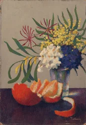 Nature morte avec fleurs et une orange