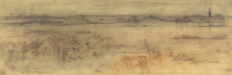 Paysage marin avec une ville fortifiée à droite, des îles à gauche et une chaumière au premier plan