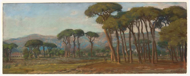 Paysage étendu avec un village et une colline au loin