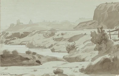 Vue de la campagne romaine avec une rivière au premier plan