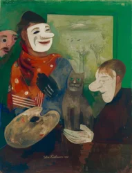 Masques et chats (Peintre avec masque et chat)