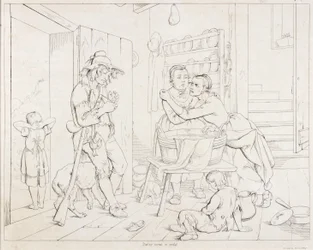 (Rip Van Winkle, illustration) Rip harcelé par sa femme