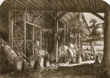 Un entrepôt de chiffons dans le quartier Mouffetard, à Paris, illustration de 