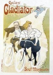 Couple à vélo poursuivi par un gendarme - Publicité pour les cycles Gladiator, par Misti, v.1895