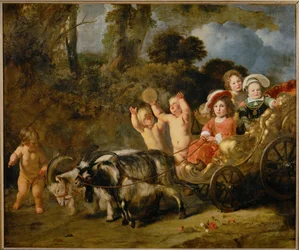 Enfants de la noblesse dans un carrosse tiré par des chèvres (peinture sur toile)