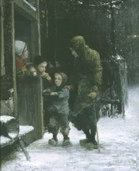 Vieille femme et jeune garçon mendiant