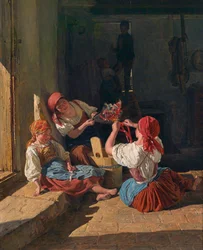 Enfants décorant un chapeau de conscrit, 1854