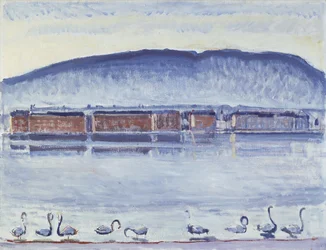 Lac Léman avec Mont Salève et cygnes