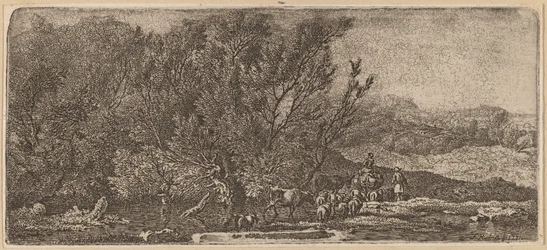Bergers avec leur troupeau traversant un ruisseau