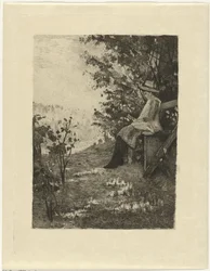 Garçon lisant sur un banc (Un coin frais)
