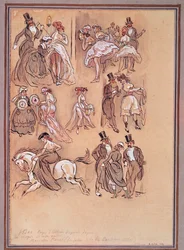 Second Empire français : planche de mode pour danseurs, cavalier et gentilshommes élégants (gravure)