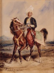 Guerrier arabe à cheval dans un paysage (aquarelle sur papier)