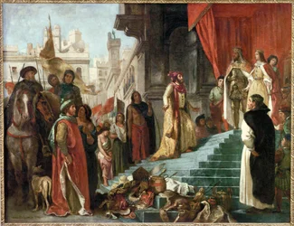 Le retour de Christophe Colomb ; son audience devant le roi Ferdinand et la reine Isabelle, les souverains catholiques (huile sur toile)
