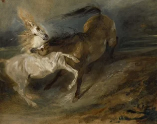 Deux chevaux se battant dans un paysage orageux, vers 1828