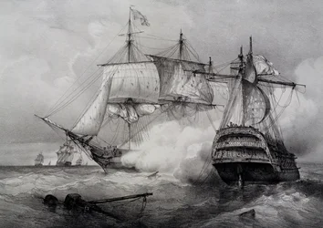 Bataille entre un navire américain de 74 canons et une frégate britannique, lithographie de Ferdinand Perrot