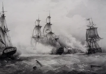 Combat entre navires de troisième rang britanniques et américains avec 74 canons, lithographie par Ferdinand Perrot
