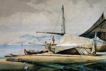 Leudi, bateau de pêche ligurien, lithographie en couleur de Ferdinand Perrot