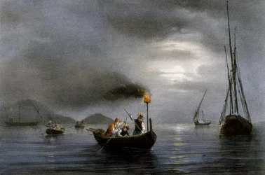Pêche de nuit à la lampe, lithographie en couleur par Ferdinand Perrot