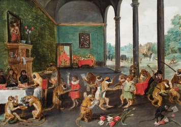 Un festin de singe (huile sur panneau)