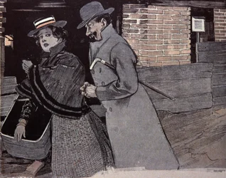 Homme harcelant une jeune femme. Illustration de F. Von Reznicek dans : Simplicissimus, Allemagne