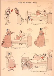 Le livre interdit. Une fille lisant un livre au lit. Il est pris par une femme plus âgée, qui le lit ensuite elle-même