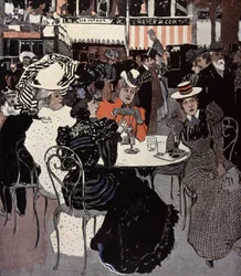 Femme parlant à une table devant un café. Illustration de Von Reznicek dans : Simplicissimus, Allemagne