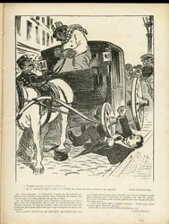 Illustration de Fernand Fau dans Le Rire, 29/02/08 - Métiers, Transport, Accidents de désastre, Calèche Fiacre Cab - Cochers Fiacres