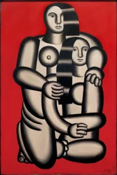 Deux personnages sur fond rouge