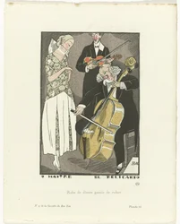 Gazette du Bon Ton, 1920 - No. 9, Pl. 66: O Maitre el Relicario / Robe de dîners garnie de ruban