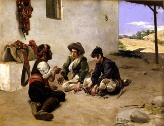 Voleurs jouant aux cartes avec un muletier,19e siècle (peinture)
