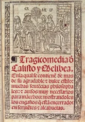 Miniature sur parchemin sur la couverture de La Célestine ou Tragicomédie de Calisto et Melibea, manuscrit espagnol de Fernando de Rojas, publié en 1531