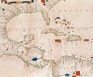 Portulan : Carte géographique avec le nom du littoral de Cuba, Floride, Amérique centrale et Amérique latine du Nord, Atlas hydrographique de Fernao VAZ DOURADO (16ème siècle)