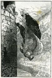 Fable: "ils la jetterent par la fenetre directement dans le fleuve". Illustration de Filiberto Scarpelli pour le conte "Les petits nains du bois" (Trois jeunes hommes dans la foret) tire d