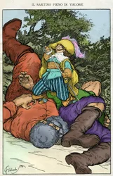 "Preparons la comedie dit - il" . Illustration de Filiberto Scarpelli pour le conte "Le vaillant couturier " tire d