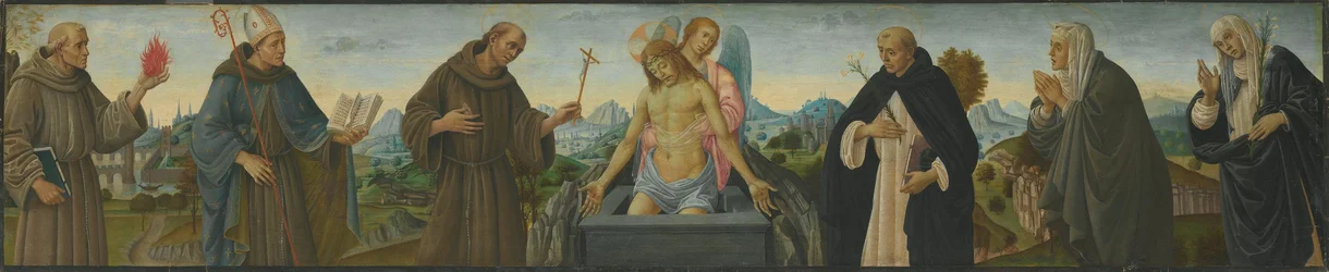 Homme de douleurs et six saints (saint Antoine de Padoue, Louis de Toulouse, François, Dominique, Claire et Catherine de Sienne)