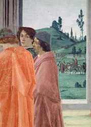 La dispute avec Simon le Magicien et la crucifixion de saint Pierre. Détail de trois figures regardant la crucifixion ; le portrait central est supposé être celui du maître de Filippino, Botticelli, vers 1480, fresque